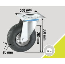Roue pivotante à bandage caoutchouc, capacité de charge 200 kg, dimensions 200 x 300 mm