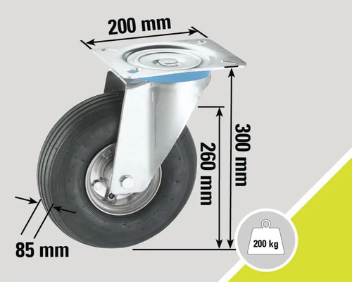 Roue pivotante à bandage caoutchouc, capacité de charge 200 kg, dimensions 200 x 300 mm
