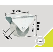 Roue pivotante avec des dimensions de 30 mm par 18 mm, diamètre de la roue 14 mm, capacité de charge 20 kg