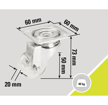 Roulette pour meubles avec une capacité de charge de 40 kilogrammes et des dimensions de 60 x 60 x 73 millimètres