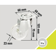 Roulette de meubles avec des dimensions de 60 mm x 60 mm x 101 mm et une capacité de charge de 50 kilogrammes