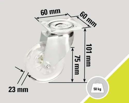 Roulette de meubles avec des dimensions de 60 mm x 60 mm x 101 mm et une capacité de charge de 50 kilogrammes