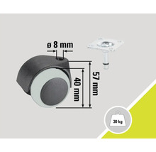 Roulette pour meuble avec tige et plaque, capacité de charge 30 kg
