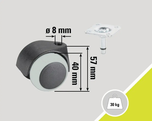 Roulette pour meuble avec tige et plaque, capacité de charge 30 kg