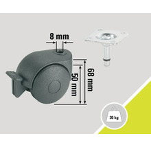 Roue de meuble avec frein de blocage et plaque de fixation, charge maximale 30 kilogrammes, diamètre 50 millimètres