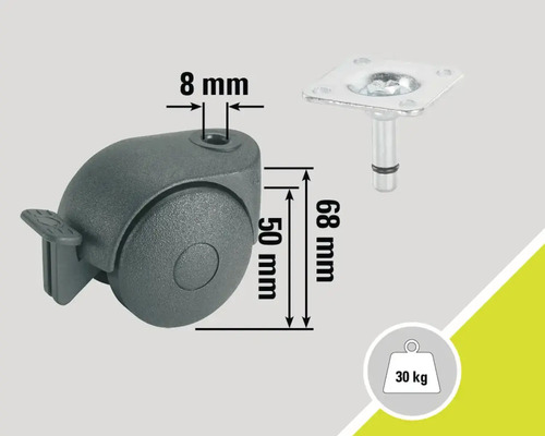 Roue de meuble avec frein de blocage et plaque de fixation, charge maximale 30 kilogrammes, diamètre 50 millimètres