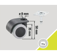 Roulette pour meubles avec tige, hauteur 50 mm et capacité de charge 70 kilogrammes