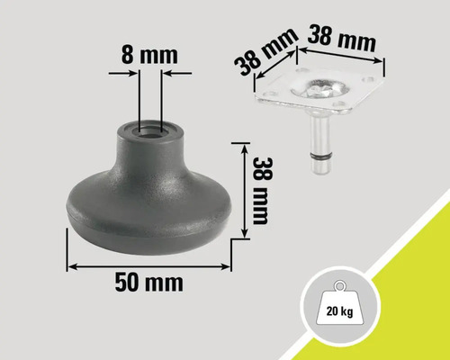 Möbelfuß mit den Maßangaben 50 Millimeter, 8 Millimeter und 38 Millimeter, Belastbarkeit 20 Kilogramm