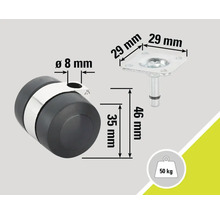 Roulette de meubles avec plaque et dimensions techniques, capacité de charge 50 kilogrammes