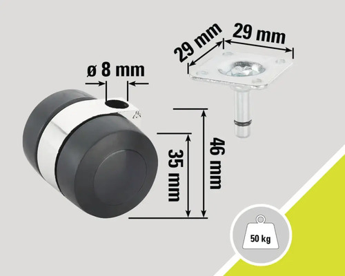 Roulette de meubles avec plaque et dimensions techniques, capacité de charge 50 kilogrammes