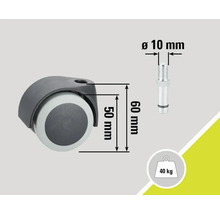 Roulette de chaise avec des dimensions de 50 millimètres sur 60 millimètres, boulon d'un diamètre de 10 millimètres et une capacité de charge jusqu'à 40 kilogrammes