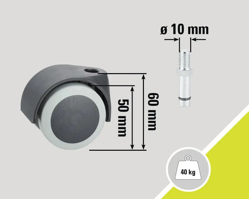 Roulette de chaise avec des dimensions de 50 millimètres sur 60 millimètres, boulon d'un diamètre de 10 millimètres et une capacité de charge jusqu'à 40 kilogrammes