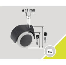 Roulette de chaise d'un diamètre de 11 mm, d'une taille de roue de 50 mm, d'une hauteur de 60 mm et d'une capacité de charge maximale de 40 kg
