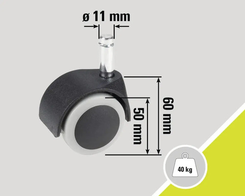 Roulette de chaise d'un diamètre de 11 mm, d'une taille de roue de 50 mm, d'une hauteur de 60 mm et d'une capacité de charge maximale de 40 kg