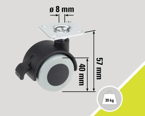 Roulette pour meubles avec frein, diamètre 40 millimètres, capacité de charge 30 kilogrammes