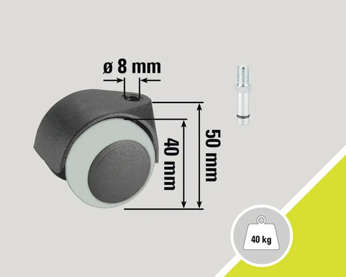 Roulette pour meubles avec tige et une capacité de charge de 40 kilogrammes, diamètre huit millimètres