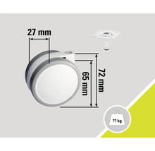 Rolle mit den Maßen 27 mm Breite, 65 mm Raddurchmesser und 72 mm Gesamthöhe