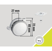 Möbelrolle mit Feststellbremse und den Maßangaben 27 mm, 65 mm und 72 mm, maximale Belastbarkeit 50 Kilogramm