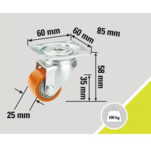 Rolle mit Platte und den Maßangaben 60 mm, 85 mm, 58 mm, 35 mm und 25 mm, maximale Traglast 100 kg