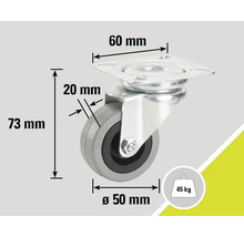 "Lenkrolle mit den Maßen 73 mm Höhe, 50 mm Raddurchmesser, 20 mm Radbreite und 60 mm Plattenmaß