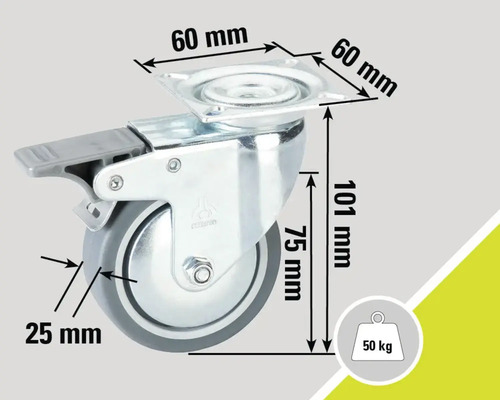 Roue de meuble avec frein, dimensions 60 x 60 x 101 mm, capacité de charge 50 kg