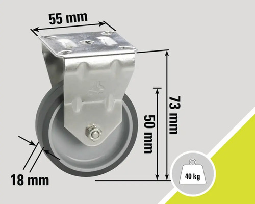 Roue pivotante avec des dimensions de 55 mm, 73 mm et 18 mm et une capacité de charge de 40 kg