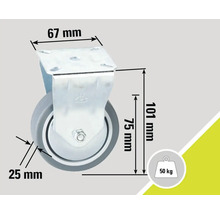 Roue pivotante de dimensions 67 mm x 25 mm x 101 mm et d'une capacité de charge de 50 kg