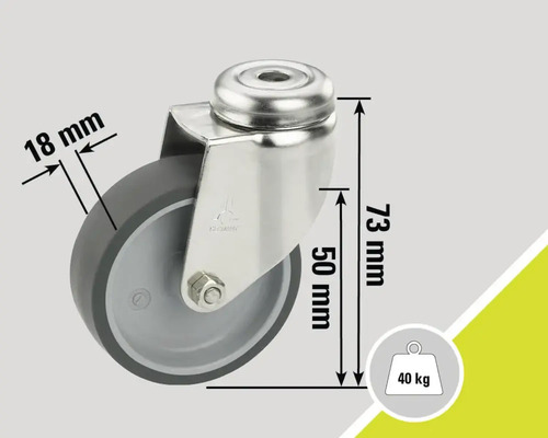 Roue pivotante avec des dimensions de 73 mm de hauteur, 50 mm de diamètre et 18 mm de largeur de roue pour une charge maximale de 40 kg