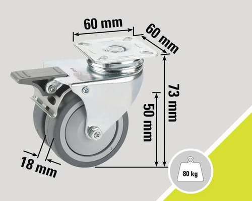 Roue pivotante avec frein et indications de dimensions 60 mm, 73 mm, 50 mm et 18 mm, capacité de charge 80 kg