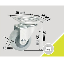 Roue pivotante avec plaque de 40 millimètres et capacité de charge de 15 kilogrammes