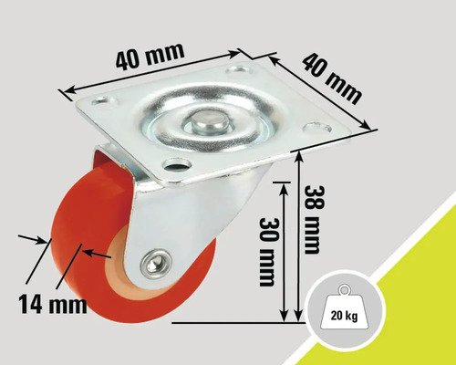 Roue pivotante avec une capacité de charge de 20 kilogrammes et des dimensions de 40 x 40 x 38 millimètres