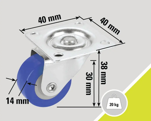 Lenkrolle mit einer Traglast von 20 Kilogramm und den Maßen 40 x 40 x 38 Millimeter