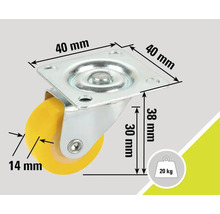 Lenkrolle mit den Massen 40 x 40 Millimeter, 38 Millimeter Bauhöhe, 14 Millimeter Raddicke und 20 Kilogramm Traglast