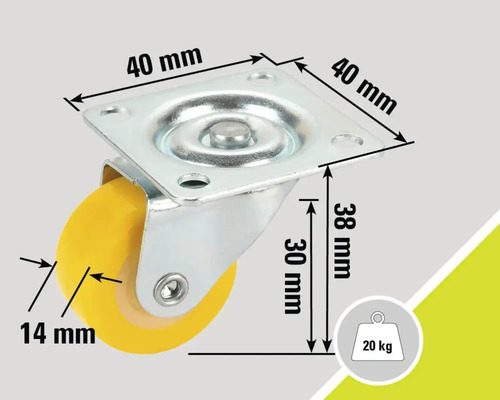 Lenkrolle mit den Massen 40 x 40 Millimeter, 38 Millimeter Bauhöhe, 14 Millimeter Raddicke und 20 Kilogramm Traglast