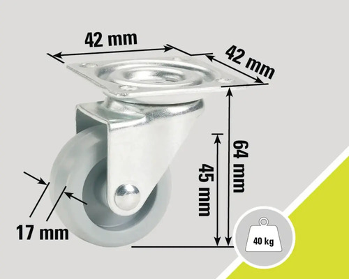 Roue de meuble avec une capacité de charge de 40 kilogrammes et des dimensions de 42 x 42 x 64 millimètres