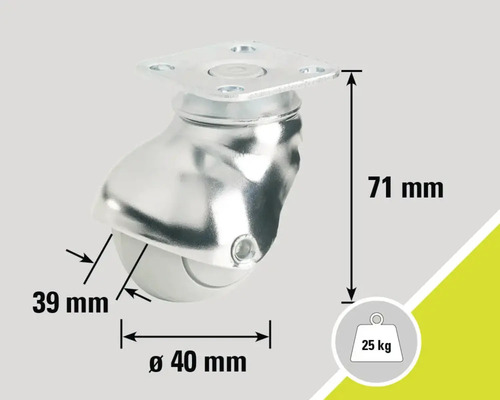 Möbelrolle mit einem Durchmesser von 40 mm, einer Traglast von 25 kg und einer Höhe von 71 mm.