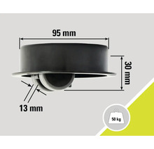 Technische Zeichnung eines Möbelrollers mit den Maßen 95 mm Breite und 30 mm Höhe, Tragkraft 50 kg