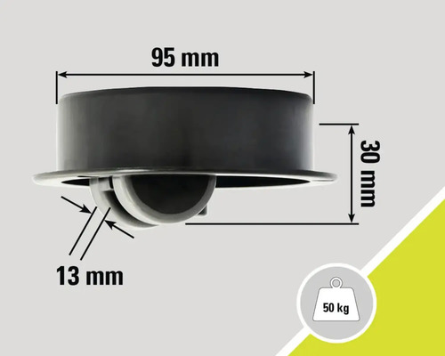 Technische Zeichnung eines Möbelrollers mit den Maßen 95 mm Breite und 30 mm Höhe, Tragkraft 50 kg