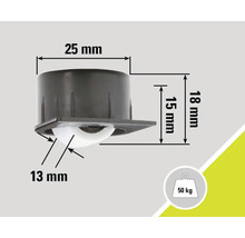 Roulette pour meubles avec une capacité de charge de 50 kilogrammes et les dimensions 25 mm x 18 mm x 15 mm x 13 mm