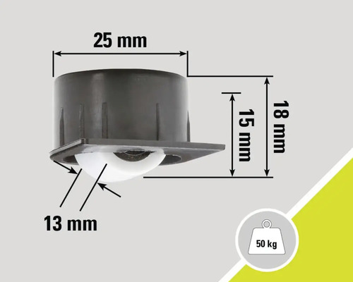 Roulette pour meubles avec une capacité de charge de 50 kilogrammes et les dimensions 25 mm x 18 mm x 15 mm x 13 mm