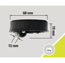 Abbildung mit Massangaben für eine Transportrolle, Belastbarkeit 50 Kilogramm