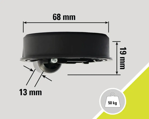 Abbildung mit Massangaben für eine Transportrolle, Belastbarkeit 50 Kilogramm