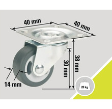 Lenkrolle mit Platte und den Maßen 40 x 40 Millimeter, 38 Millimeter Höhe und 14 Millimeter Raddicke. Die maximale Traglast beträgt 20 Kilogramm.