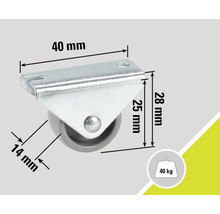 Roue avec plaque et dimensions de 40 mm, 28 mm et 14 mm. Charge maximale jusqu'à 40 kg.