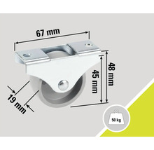 Roulette avec une capacité de charge de 50 kilogrammes et indications de taille