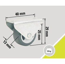 Roue avec une capacité de charge de 30 kilogrammes et des dimensions de 40 x 29 millimètres.