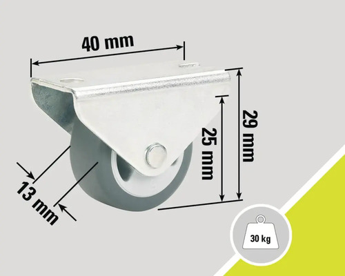 Roue avec une capacité de charge de 30 kilogrammes et des dimensions de 40 x 29 millimètres.
