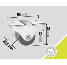 Roue de meuble avec une capacité de charge de 50 kilogrammes et des indications de dimensions