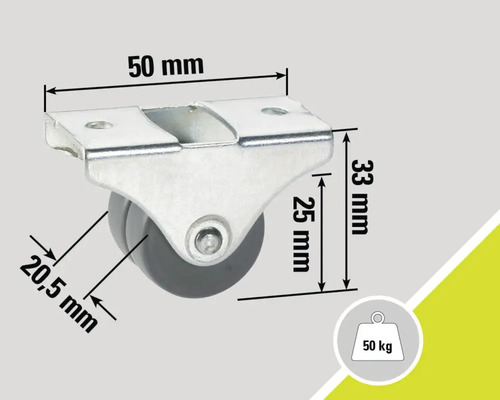 Roue de meuble avec une capacité de charge de 50 kilogrammes et des indications de dimensions