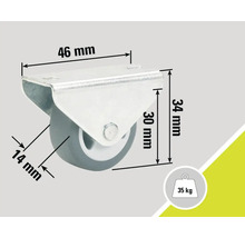 Roue pivotante avec des dimensions de 46 mm, 34 mm et 14 mm et une capacité de charge de 35 kg